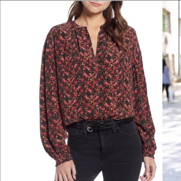 Something Navy Balloon Sleeve Floral Button Down Top - Picture 1 of 8